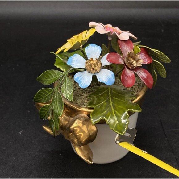 Ted Arnold Brass & Enamel Flower Bouquet Blue Pink Yellow White Porcelain Vase - Picture 9 of 12